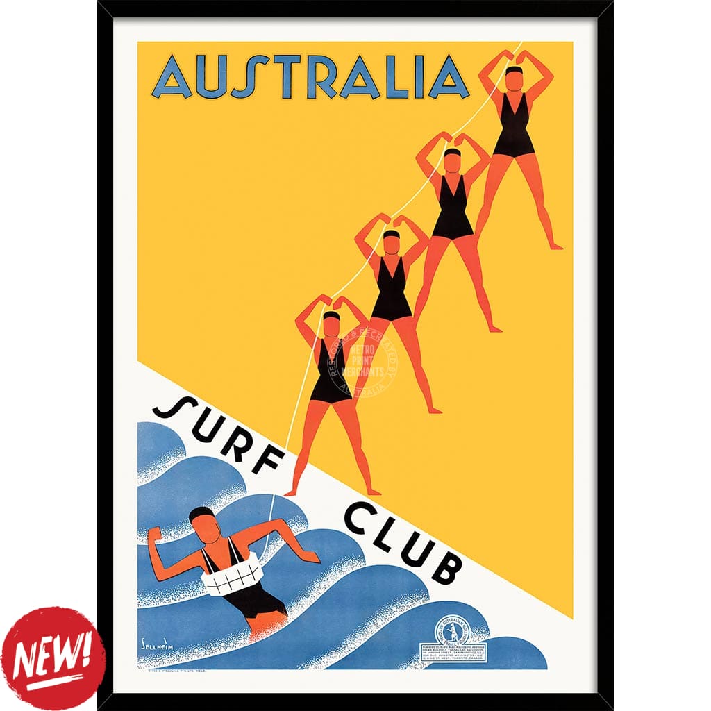 Surf Club 1936 | Australia A3 297 X 420Mm 11.7 16.5 Inches / Framed Print: Black Timber Print Art