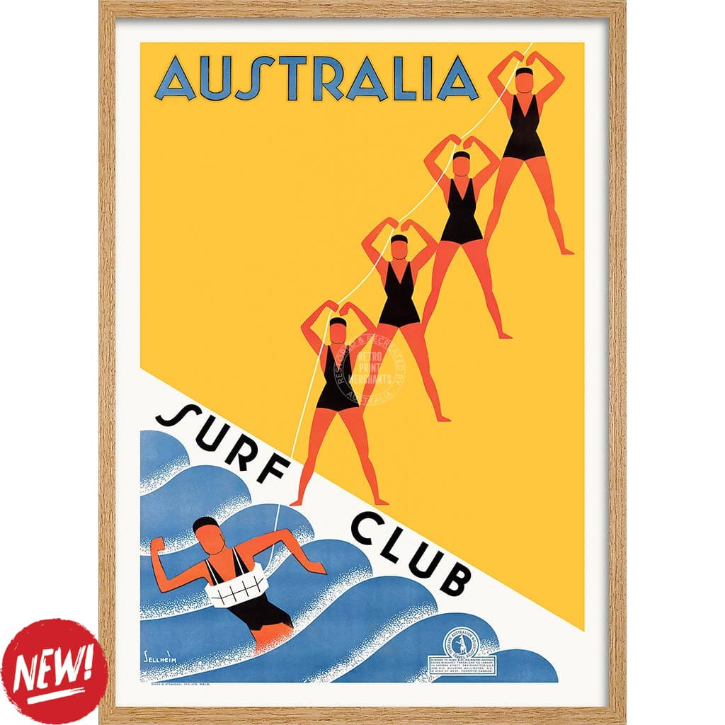 Surf Club 1936 | Australia A3 297 X 420Mm 11.7 16.5 Inches / Framed Print: Natural Oak Timber Print