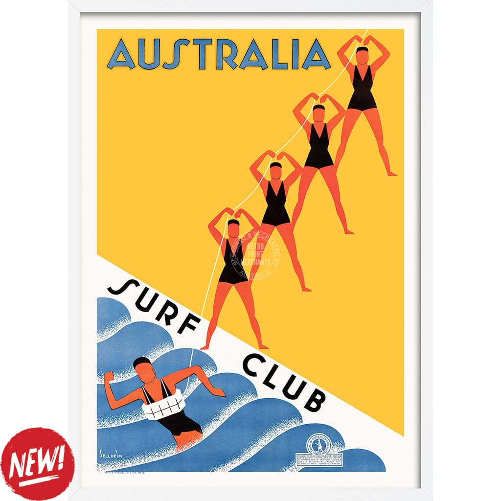 Surf Club 1936 | Australia A3 297 X 420Mm 11.7 16.5 Inches / Framed Print: White Timber Print Art