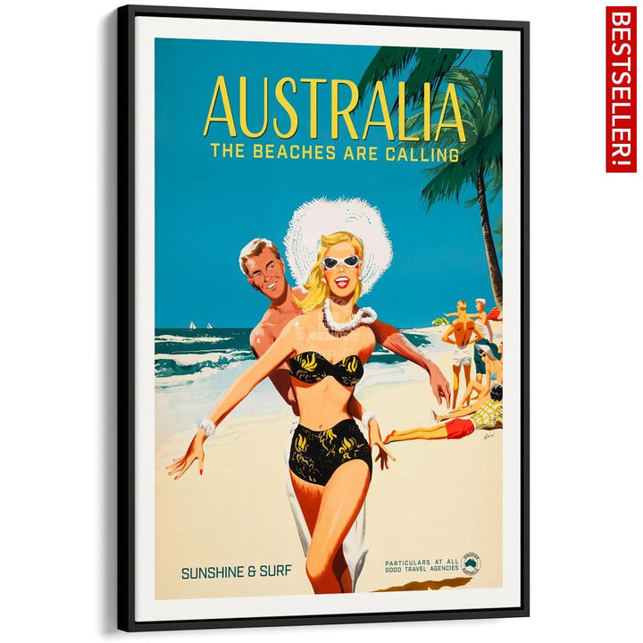 The Beaches Are Calling | Australia A4 210 X 297Mm 8.3 11.7 Inches / Canvas Floating Frame: Black