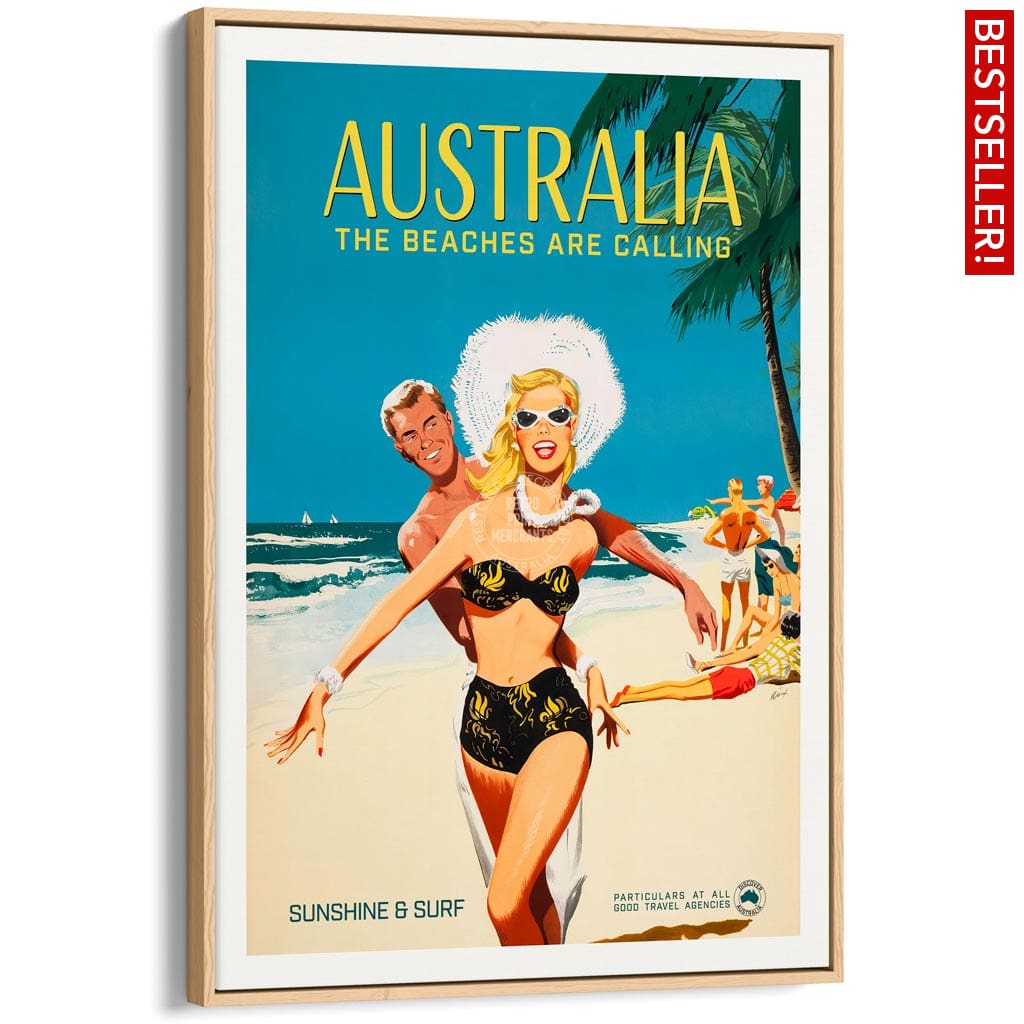 The Beaches Are Calling | Australia A4 210 X 297Mm 8.3 11.7 Inches / Canvas Floating Frame: Natural
