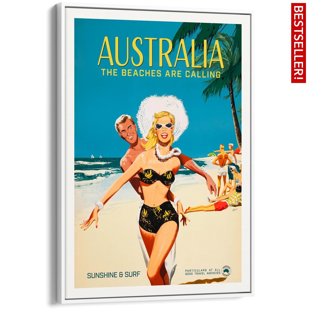 The Beaches Are Calling | Australia A4 210 X 297Mm 8.3 11.7 Inches / Canvas Floating Frame: White