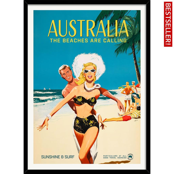 The Beaches Are Calling | Australia A4 210 X 297Mm 8.3 11.7 Inches / Framed Print: Black Timber