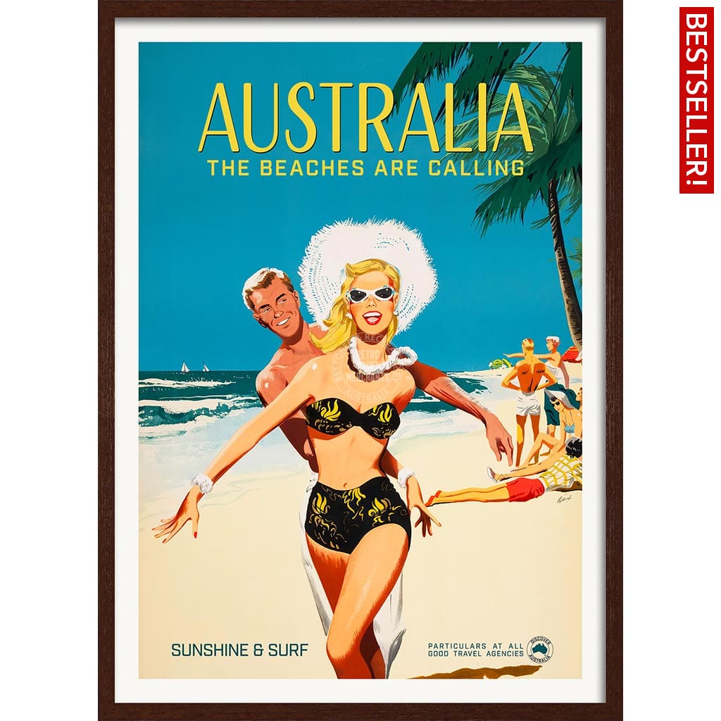 The Beaches Are Calling | Australia A4 210 X 297Mm 8.3 11.7 Inches / Framed Print: Chocolate Oak