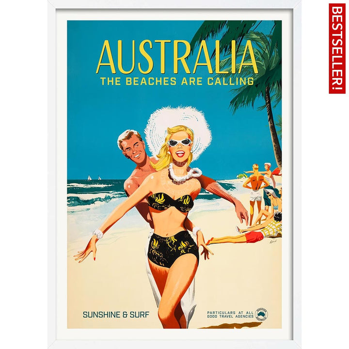The Beaches Are Calling | Australia A4 210 X 297Mm 8.3 11.7 Inches / Framed Print: White Timber