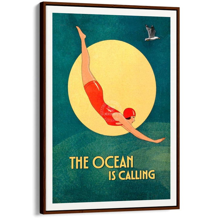 THE OCEAN IS CALLING | WORLDWIDE A3 | 297 x 420mm | 11.7 x 16.5 inches / Canvas Floating Frame: Chocolate Oak Timber