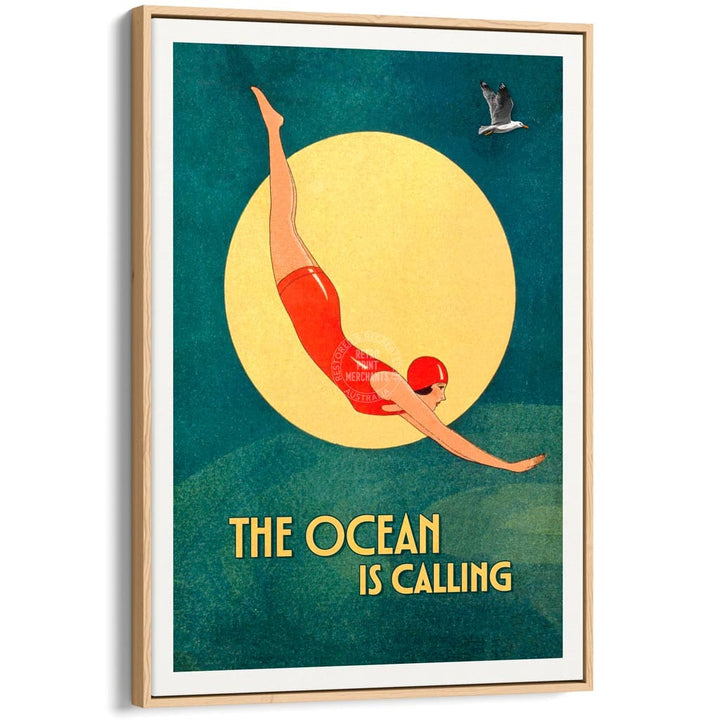 THE OCEAN IS CALLING | WORLDWIDE A3 | 297 x 420mm | 11.7 x 16.5 inches / Canvas Floating Frame: Natural Oak Timber