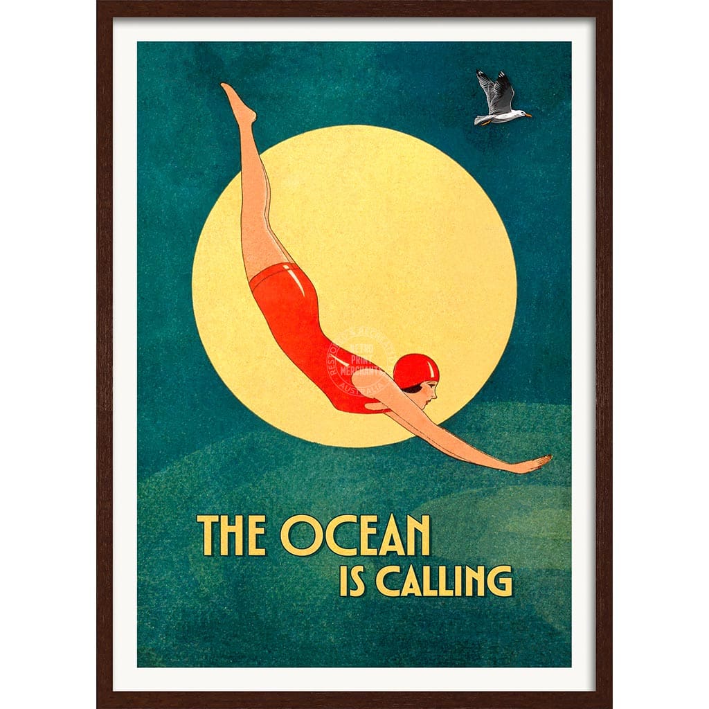 THE OCEAN IS CALLING | WORLDWIDE A3 | 297 x 420mm | 11.7 x 16.5 inches / Framed Print: Chocolate Oak Timber Print Art