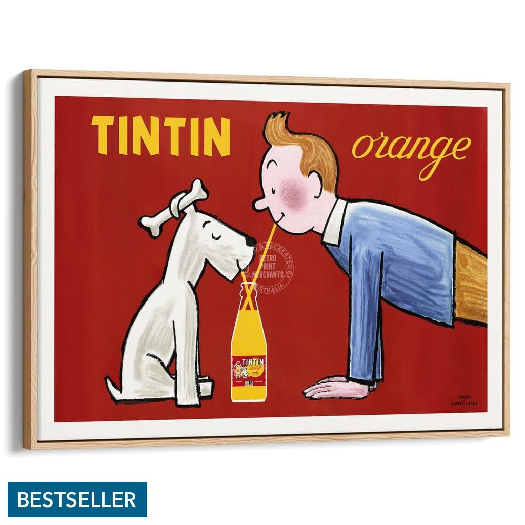 Tintin Orange Soda | France A3 297 X 420Mm 11.7 16.5 Inches / Canvas Floating Frame - Natural Oak