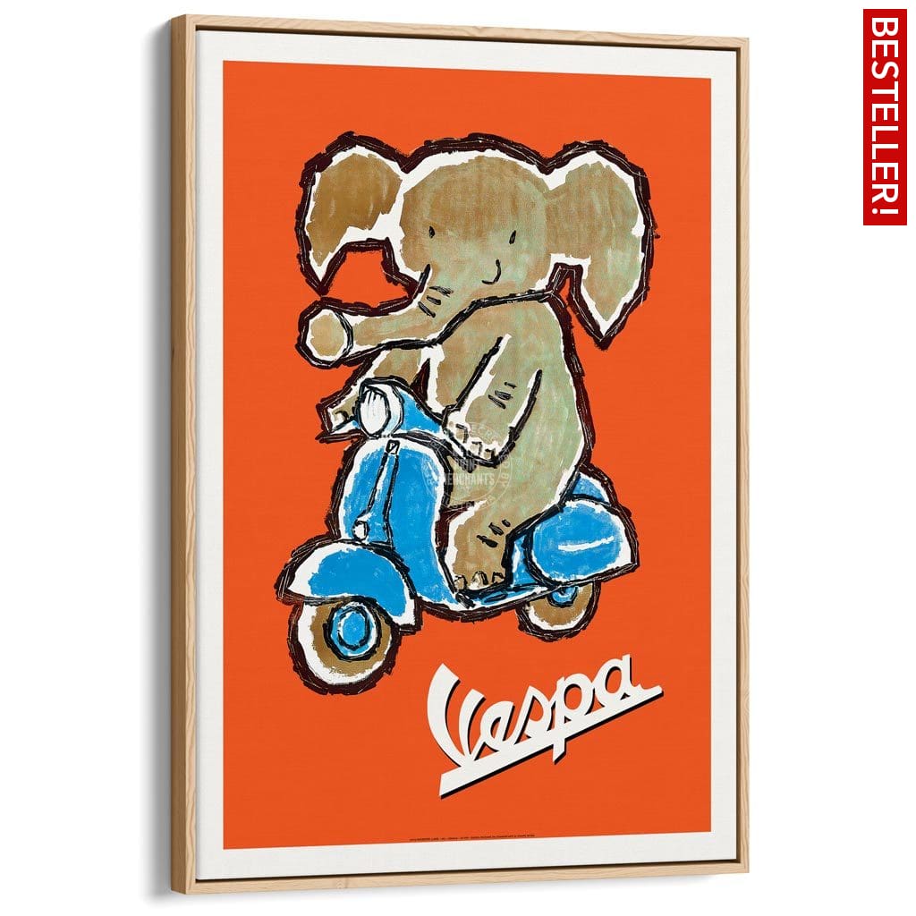 Vespa Elephant | Italy A3 297 X 420Mm 11.7 16.5 Inches / Canvas Floating Frame - Natural Oak Timber