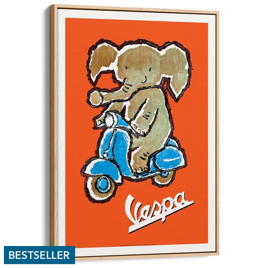 Vespa Elephant | Italy A3 297 X 420Mm 11.7 16.5 Inches / Canvas Floating Frame - Natural Oak Timber