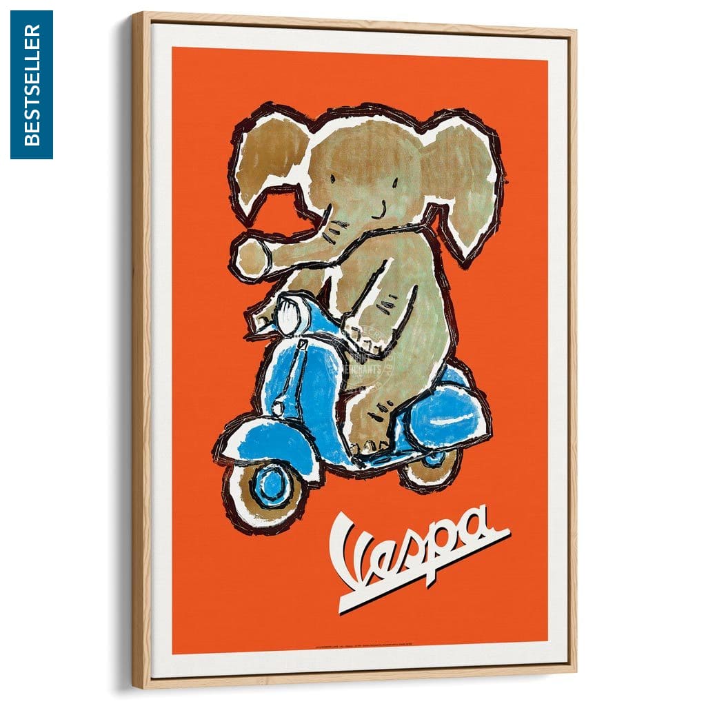 Vespa Elephant | Italy A3 297 X 420Mm 11.7 16.5 Inches / Canvas Floating Frame - Natural Oak Timber