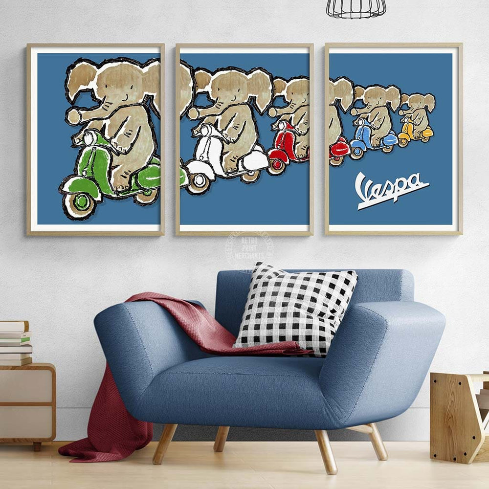 VESPA FAMILY TRIPTYCH FRAMED SET | ITALY A3 | 297 x 420mm | 11.7 x 16.5 inches / Framed Print: White Timber Print Art