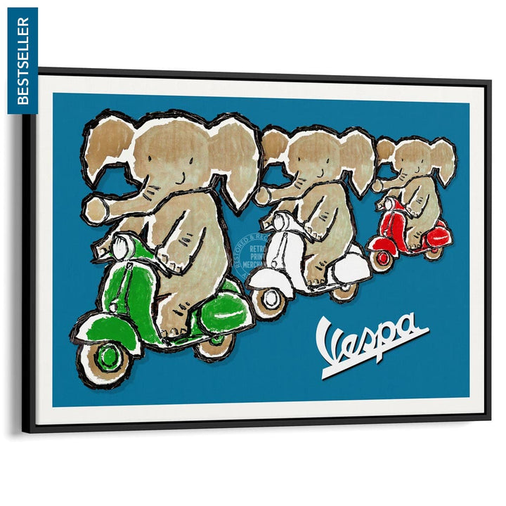 Viva Vespa Triplets | Italy A4 210 X 297Mm 8.3 11.7 Inches / Canvas Floating Frame: Black Timber
