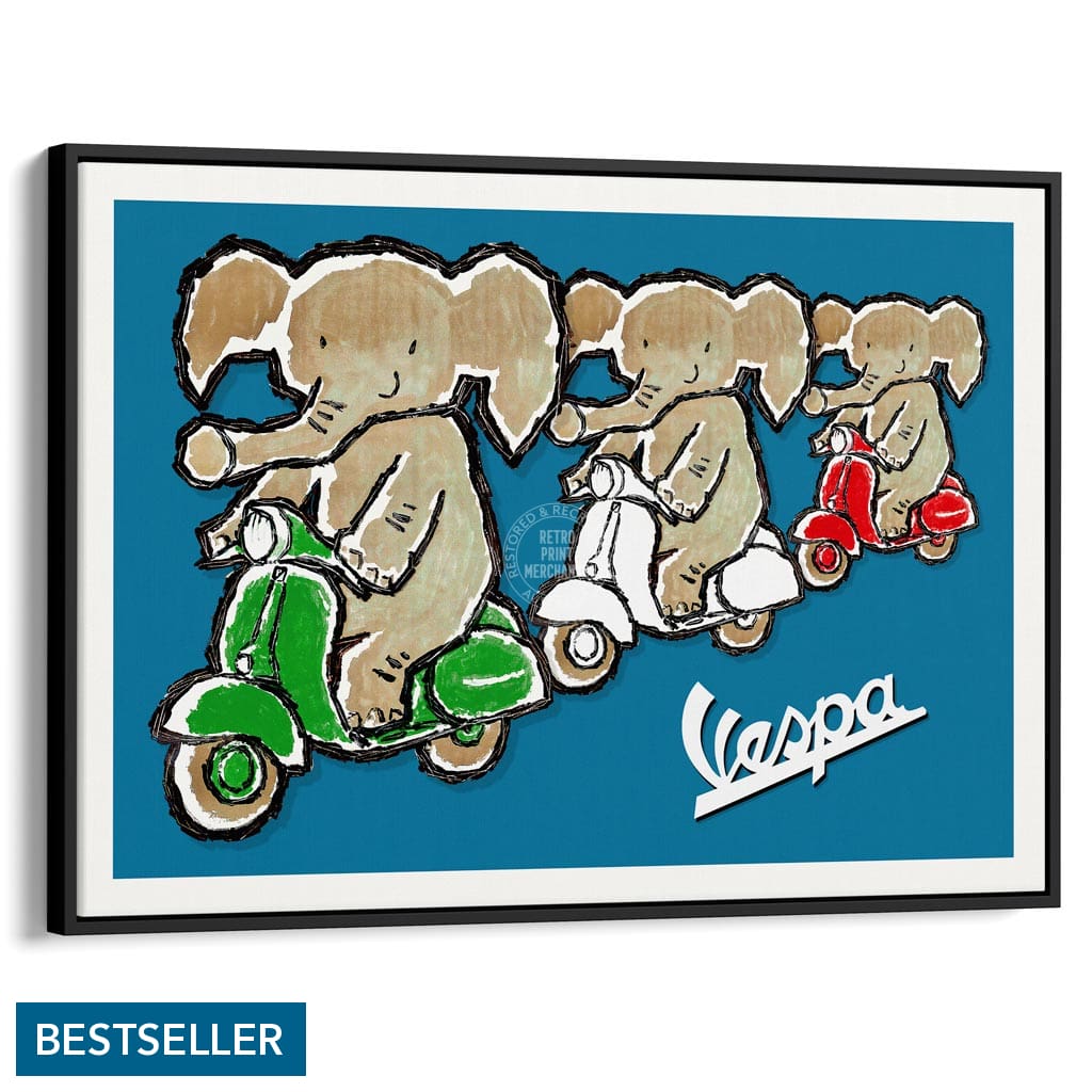 Viva Vespa Triplets | Italy A4 210 X 297Mm 8.3 11.7 Inches / Canvas Floating Frame: Black Timber