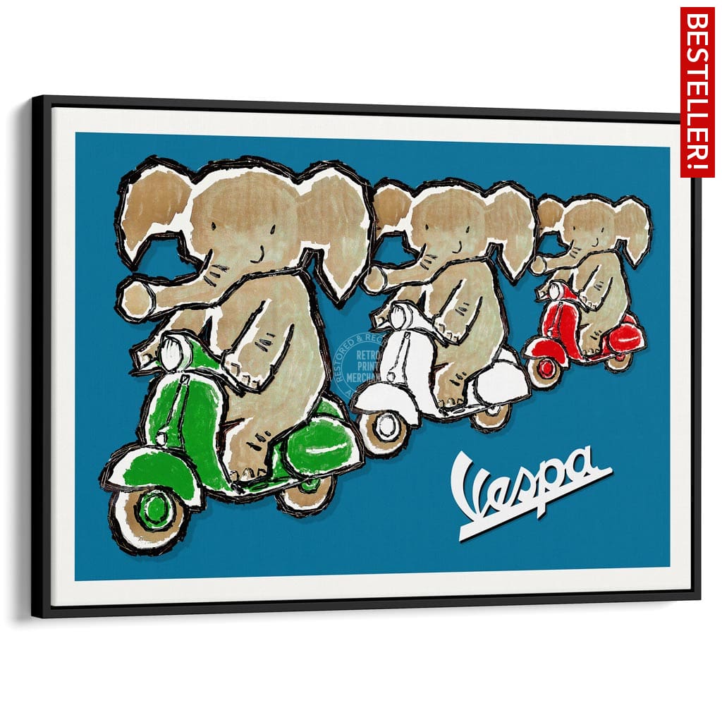 Viva Vespa Triplets | Italy A4 210 X 297Mm 8.3 11.7 Inches / Canvas Floating Frame: Black Timber