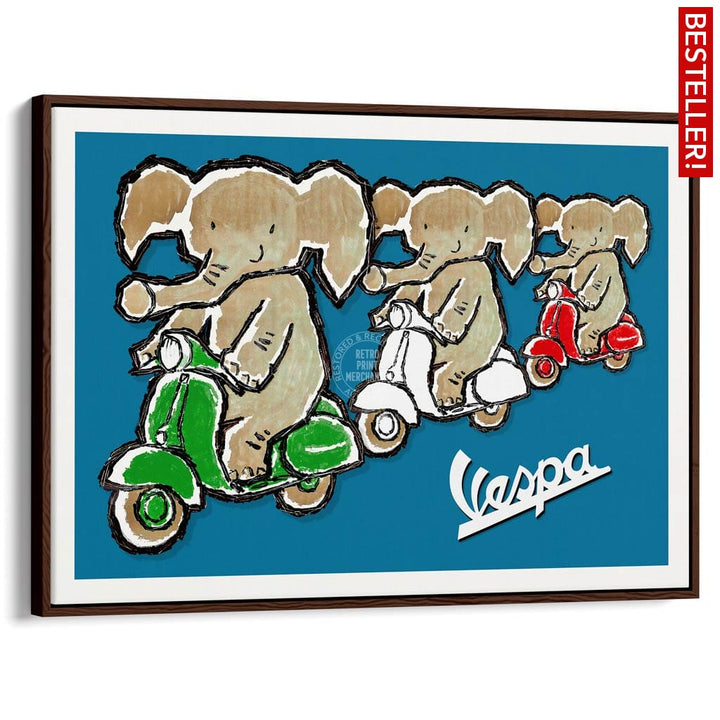 Viva Vespa Triplets | Italy A4 210 X 297Mm 8.3 11.7 Inches / Canvas Floating Frame: Chocolate Oak