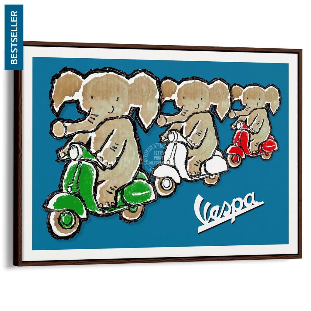 Viva Vespa Triplets | Italy A4 210 X 297Mm 8.3 11.7 Inches / Canvas Floating Frame: Chocolate Oak