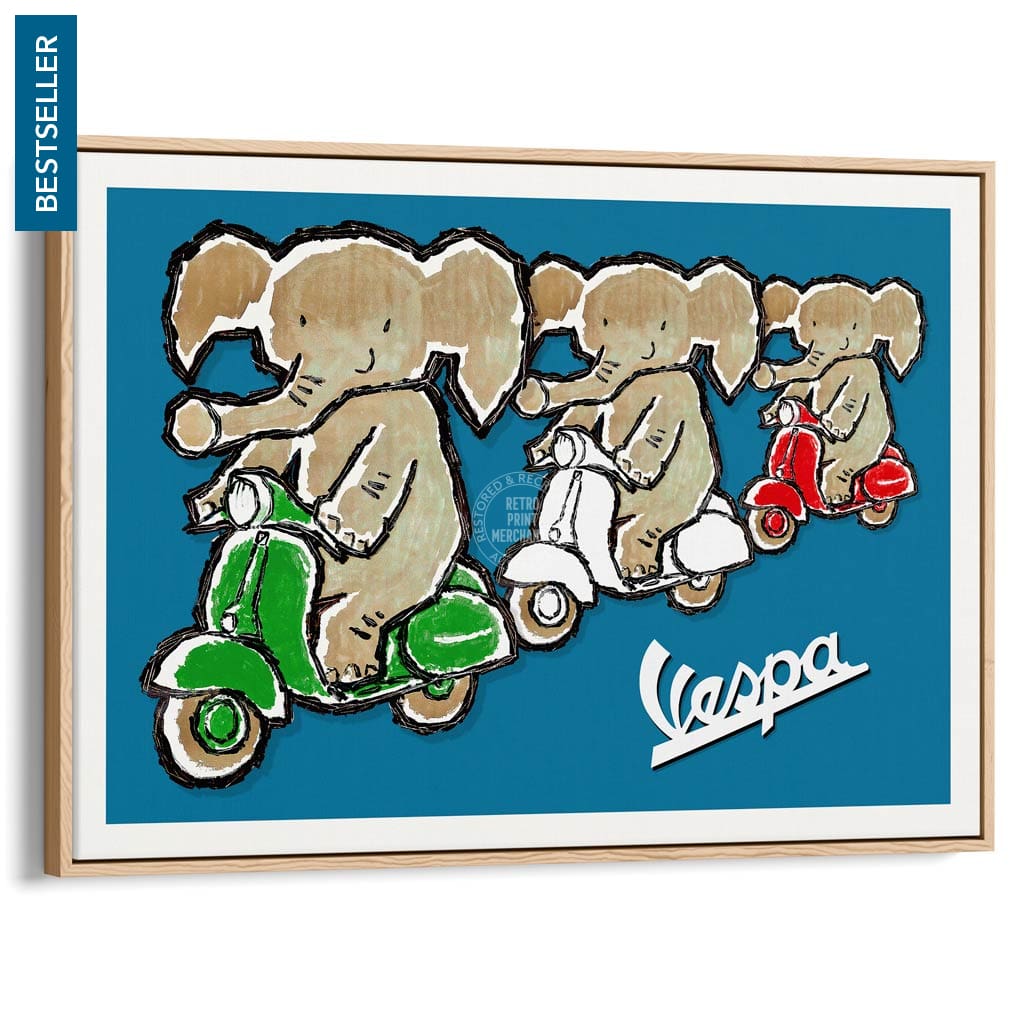 Viva Vespa Triplets | Italy A4 210 X 297Mm 8.3 11.7 Inches / Canvas Floating Frame: Natural Oak