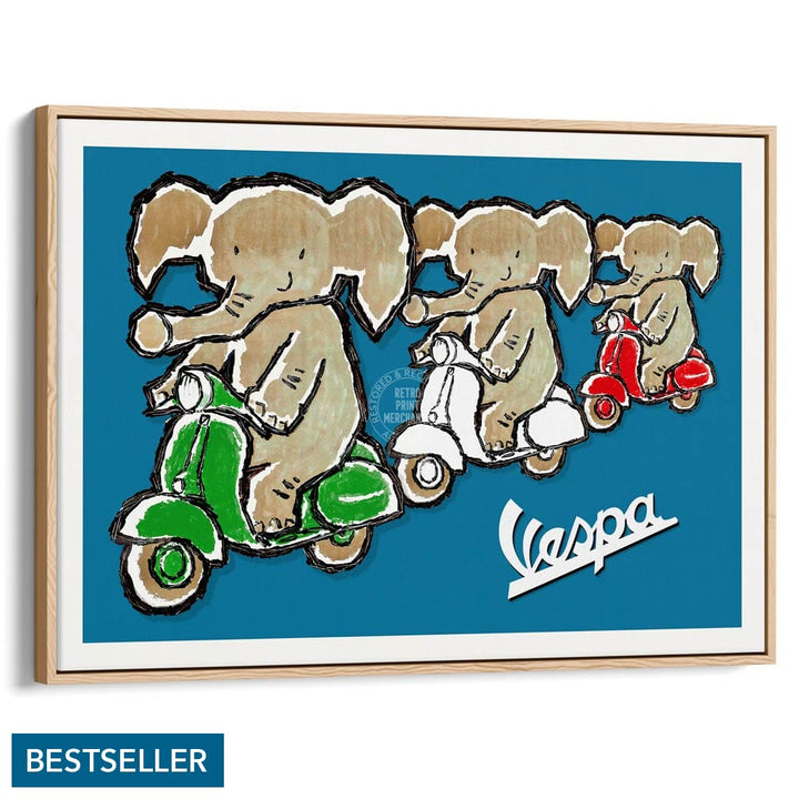 Viva Vespa Triplets | Italy A4 210 X 297Mm 8.3 11.7 Inches / Canvas Floating Frame: Natural Oak
