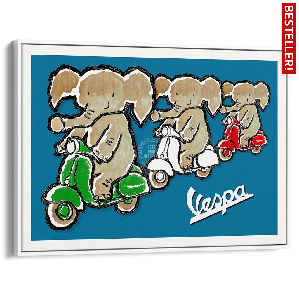 Viva Vespa Triplets | Italy A4 210 X 297Mm 8.3 11.7 Inches / Canvas Floating Frame: White Timber