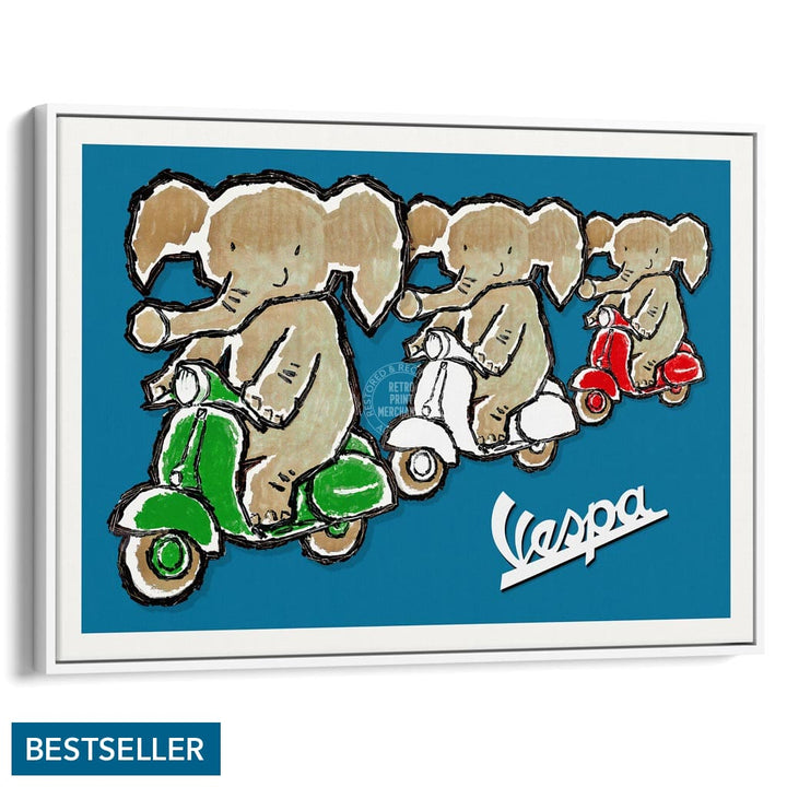 Viva Vespa Triplets | Italy A4 210 X 297Mm 8.3 11.7 Inches / Canvas Floating Frame: White Timber