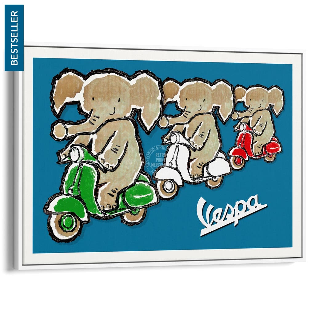 Viva Vespa Triplets | Italy A4 210 X 297Mm 8.3 11.7 Inches / Canvas Floating Frame: White Timber