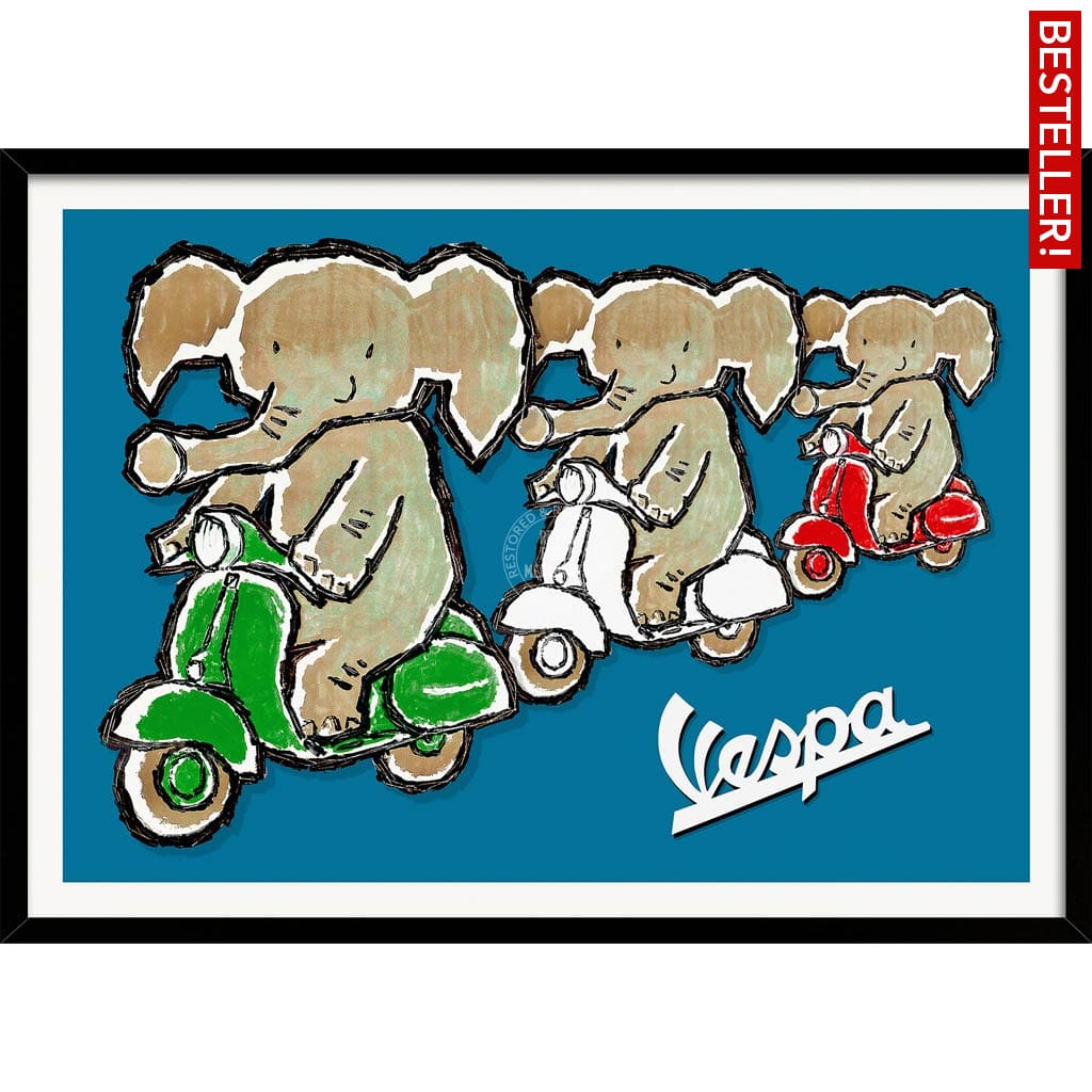 Viva Vespa Triplets | Italy A4 210 X 297Mm 8.3 11.7 Inches / Framed Print: Black Timber Print Art