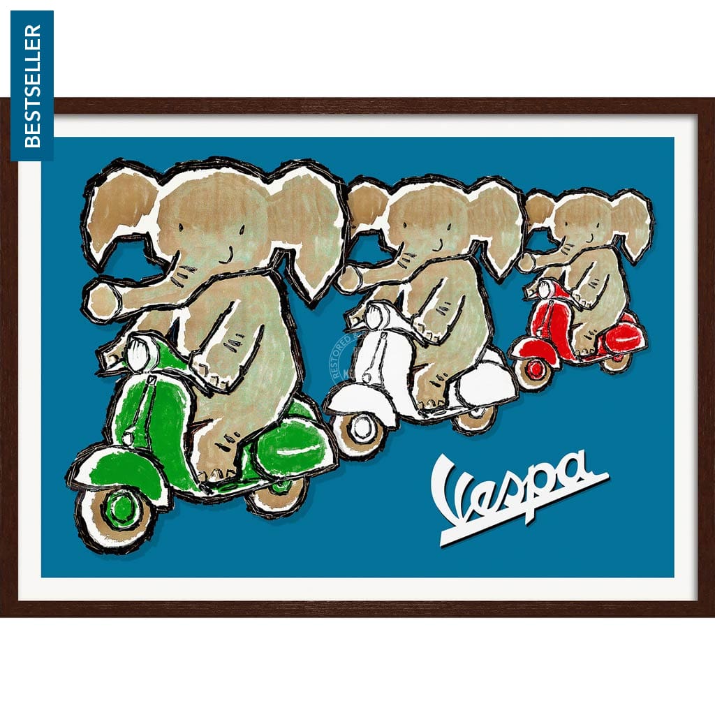 Viva Vespa Triplets | Italy A4 210 X 297Mm 8.3 11.7 Inches / Framed Print: Chocolate Oak Timber