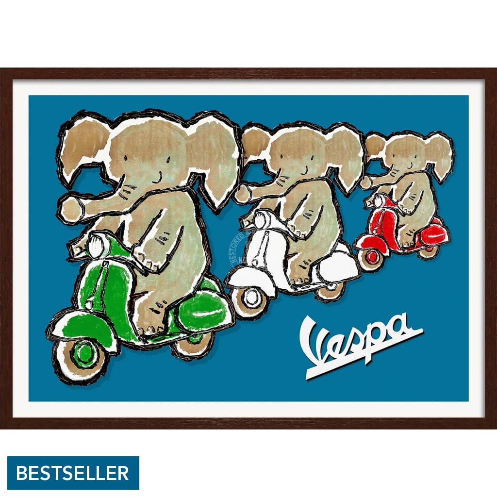 Viva Vespa Triplets | Italy A4 210 X 297Mm 8.3 11.7 Inches / Framed Print: Chocolate Oak Timber
