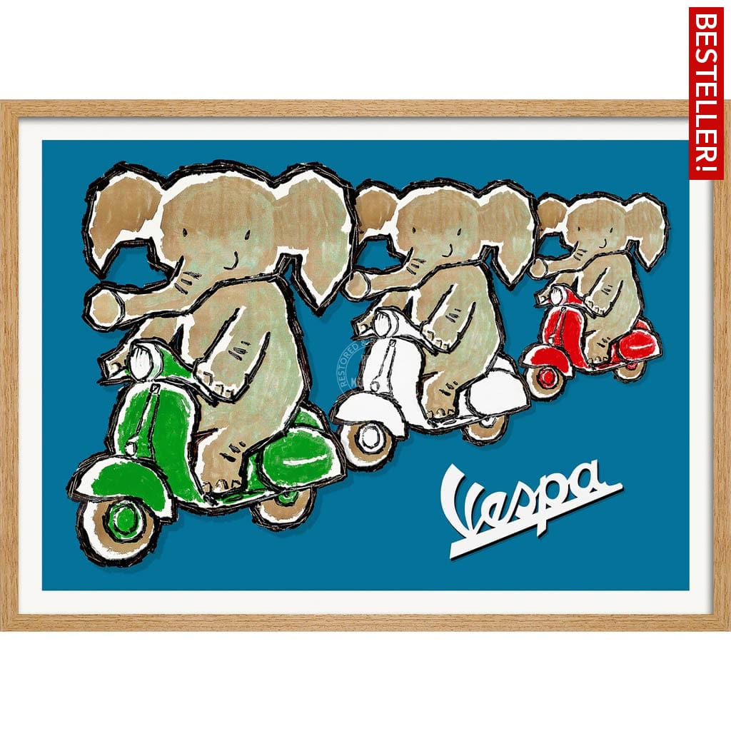 Viva Vespa Triplets | Italy A4 210 X 297Mm 8.3 11.7 Inches / Framed Print: Natural Oak Timber Print