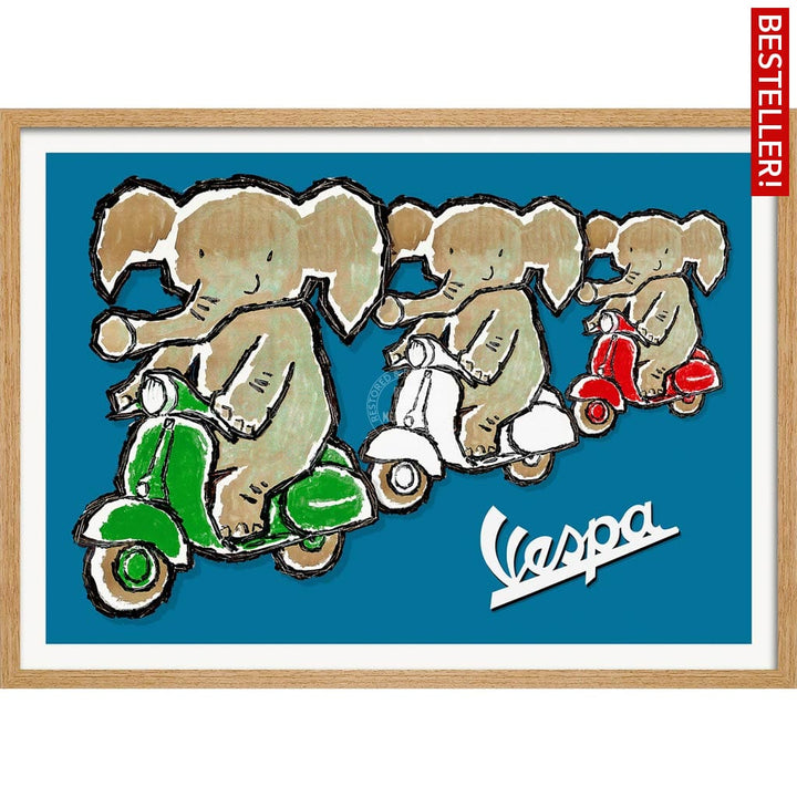 Viva Vespa Triplets | Italy A4 210 X 297Mm 8.3 11.7 Inches / Framed Print: Natural Oak Timber Print