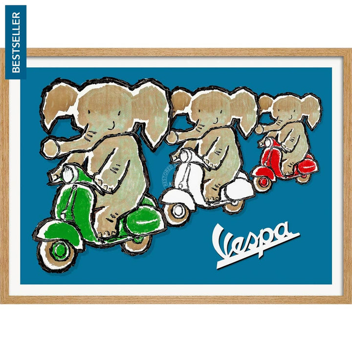 Viva Vespa Triplets | Italy A4 210 X 297Mm 8.3 11.7 Inches / Framed Print: Natural Oak Timber Print
