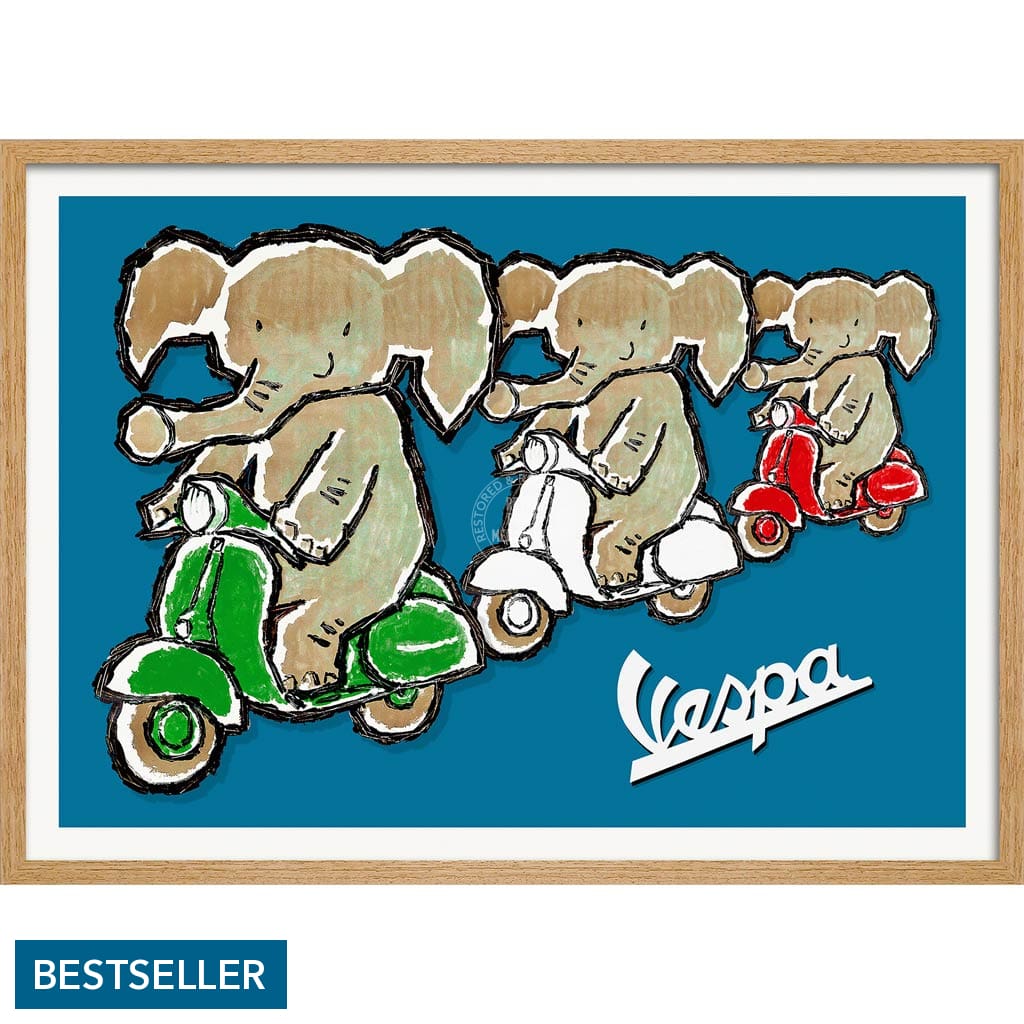 Viva Vespa Triplets | Italy A4 210 X 297Mm 8.3 11.7 Inches / Framed Print: Natural Oak Timber Print