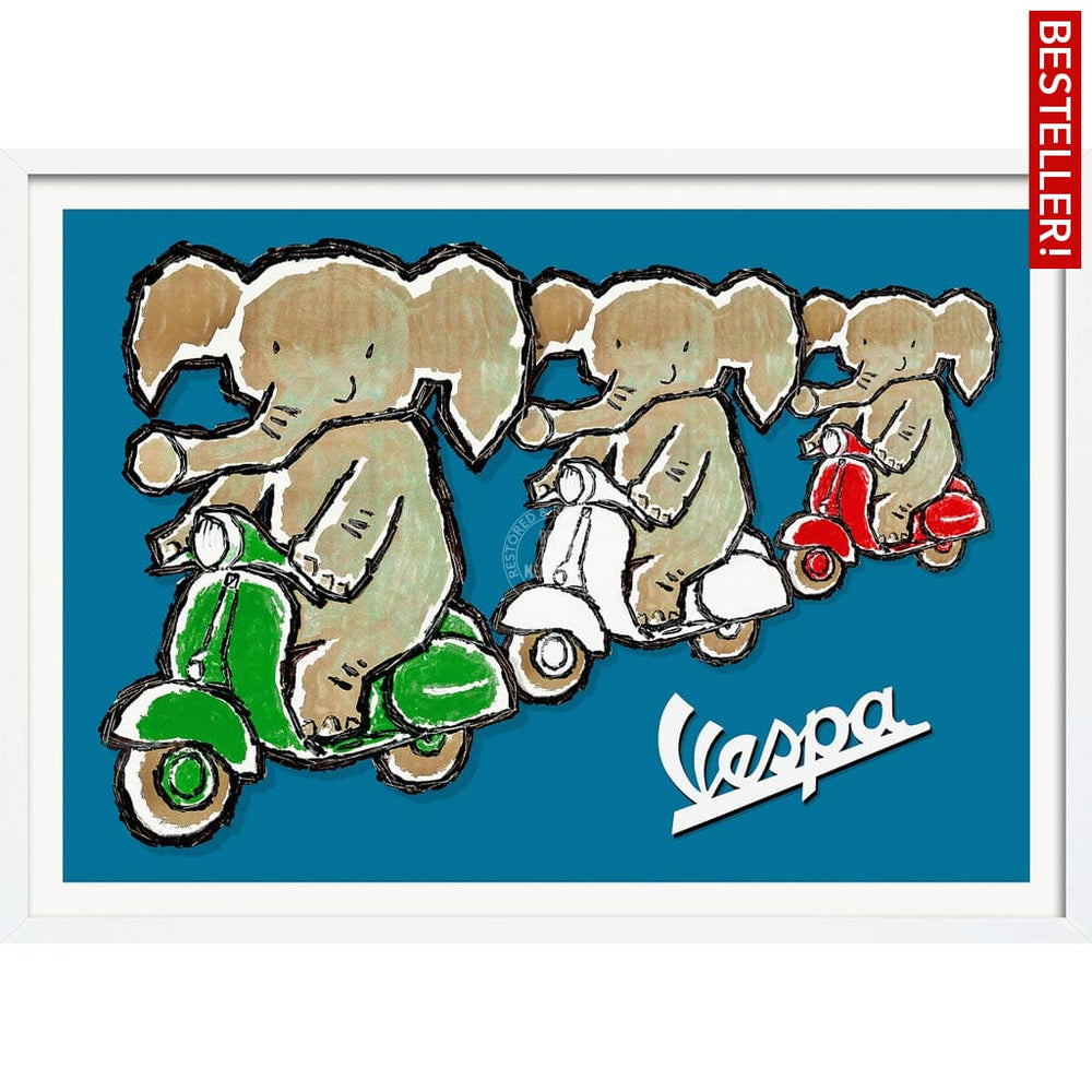 Viva Vespa Triplets | Italy A4 210 X 297Mm 8.3 11.7 Inches / Framed Print: White Timber Print Art