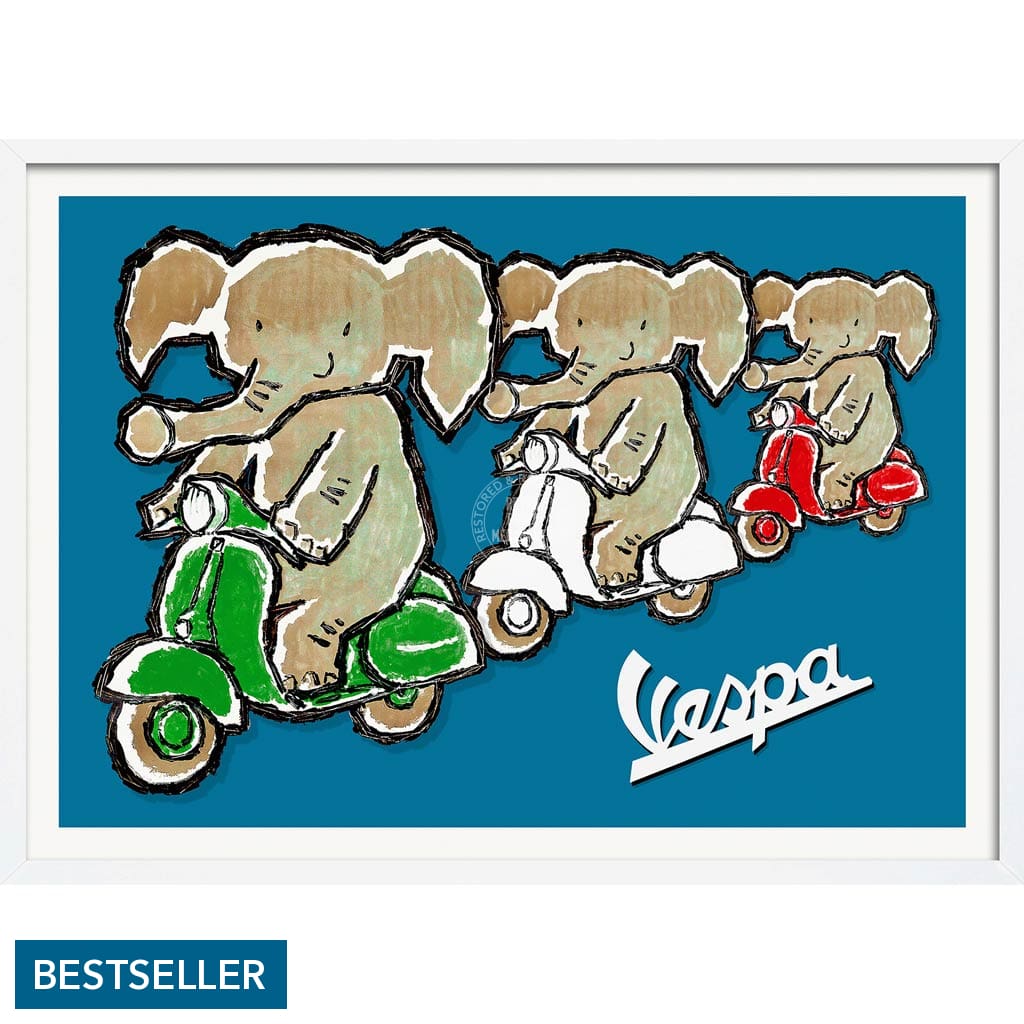 Viva Vespa Triplets | Italy A4 210 X 297Mm 8.3 11.7 Inches / Framed Print: White Timber Print Art