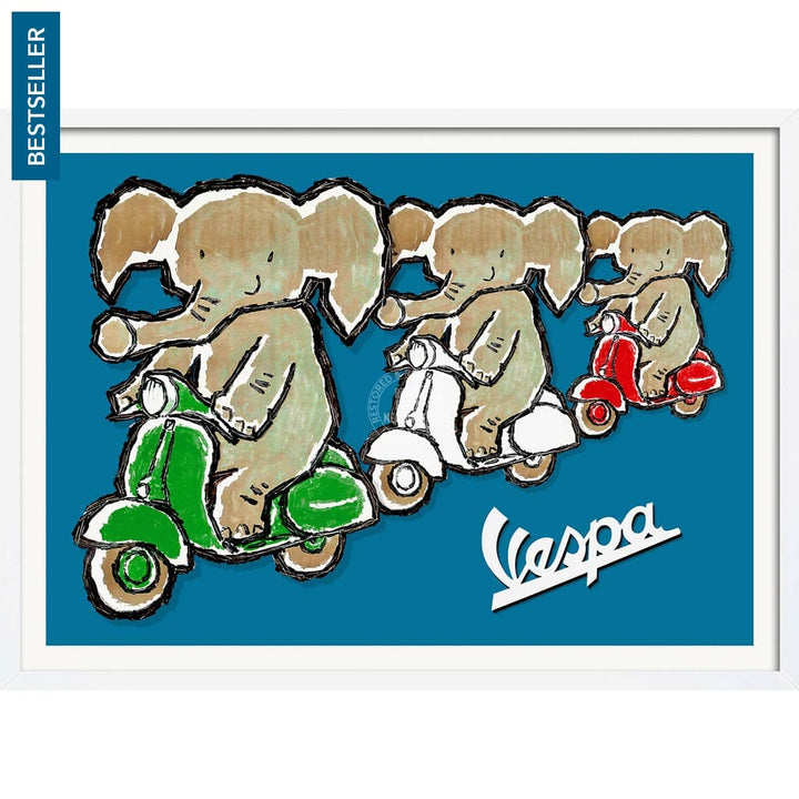 Viva Vespa Triplets | Italy A4 210 X 297Mm 8.3 11.7 Inches / Framed Print: White Timber Print Art