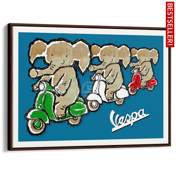 Viva Vespa Triplets | Italy A4 210 X 297Mm 8.3 11.7 Inches / Canvas Floating Frame: Chocolate Oak
