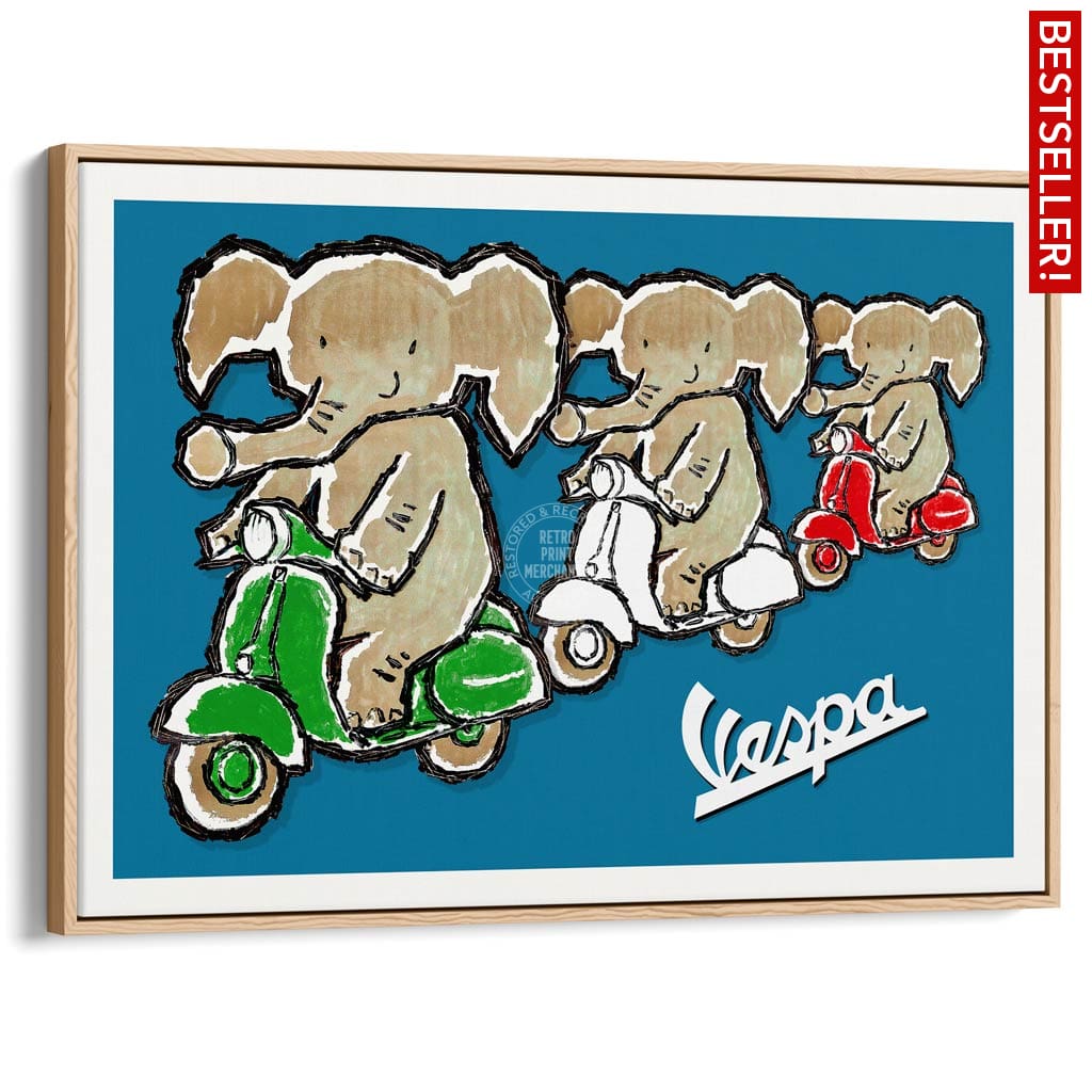 Viva Vespa Triplets | Italy A4 210 X 297Mm 8.3 11.7 Inches / Canvas Floating Frame: Natural Oak