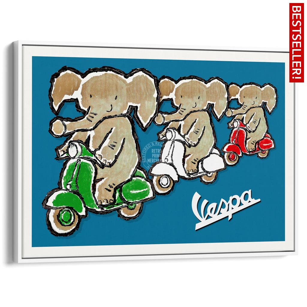 Viva Vespa Triplets | Italy A4 210 X 297Mm 8.3 11.7 Inches / Canvas Floating Frame: White Timber