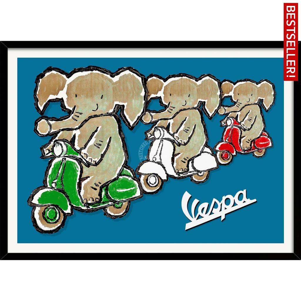 Viva Vespa Triplets | Italy A4 210 X 297Mm 8.3 11.7 Inches / Framed Print: Black Timber Print Art