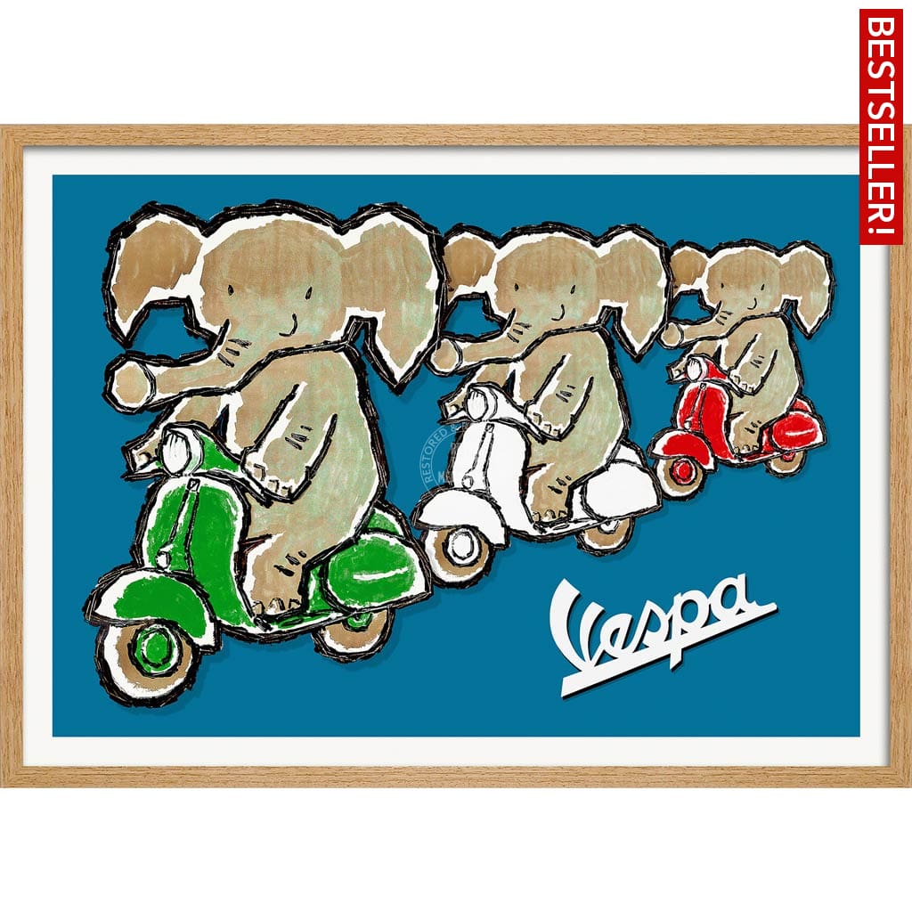 Viva Vespa Triplets | Italy A4 210 X 297Mm 8.3 11.7 Inches / Framed Print: Natural Oak Timber Print