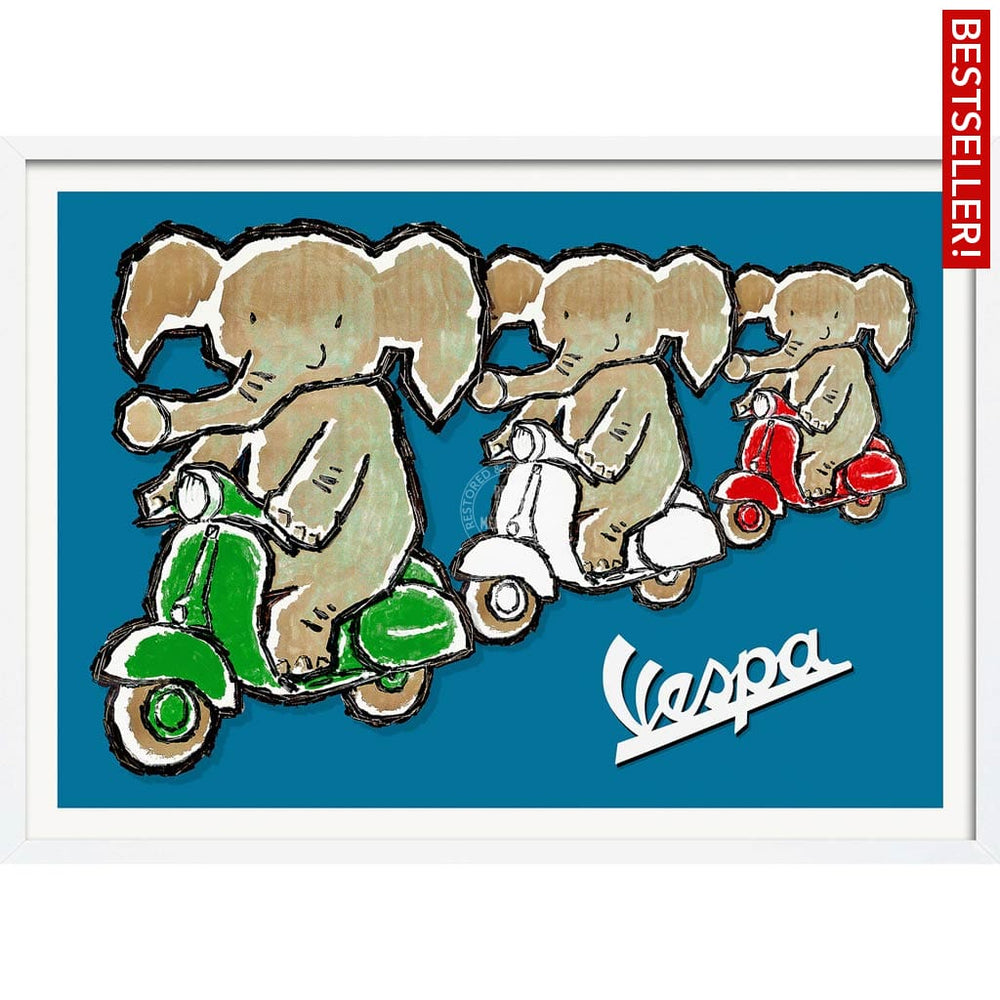 Viva Vespa Triplets | Italy A4 210 X 297Mm 8.3 11.7 Inches / Framed Print: White Timber Print Art