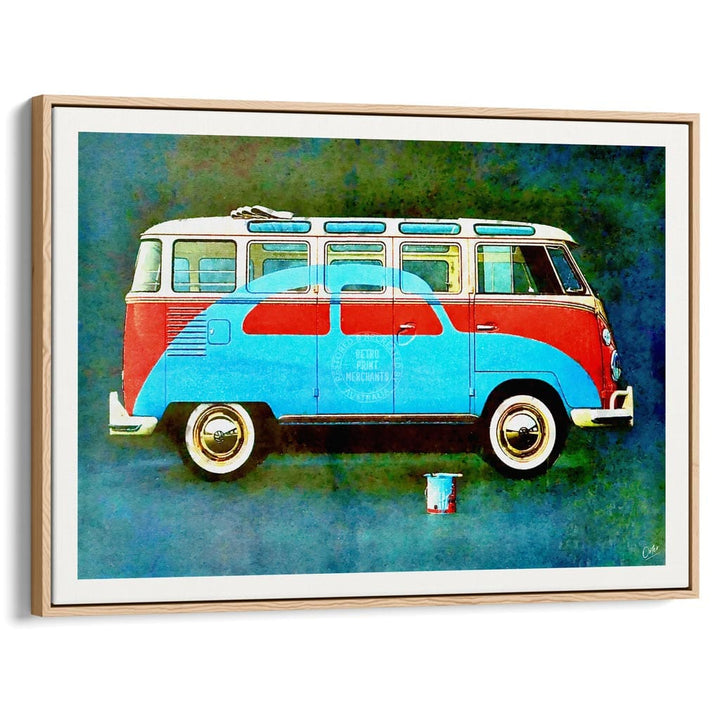 Vw Kombi Pop Art | Global A4 210 X 297Mm 8.3 11.7 Inches / Canvas Floating Frame: Natural Oak Timber