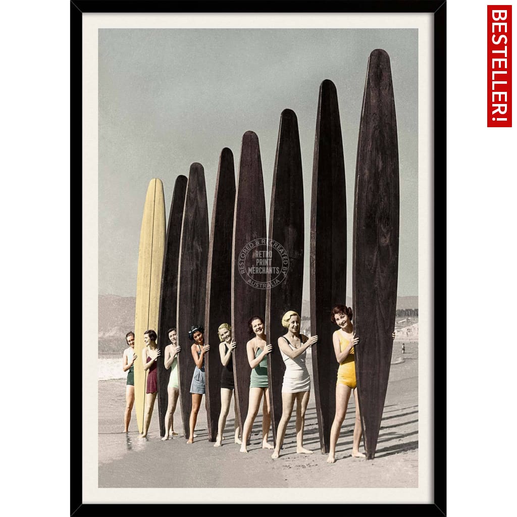Women Surfing With Longboards In Colour | Australia 422Mm X 295Mm 16.6 11.6 A3 / Black Print Art