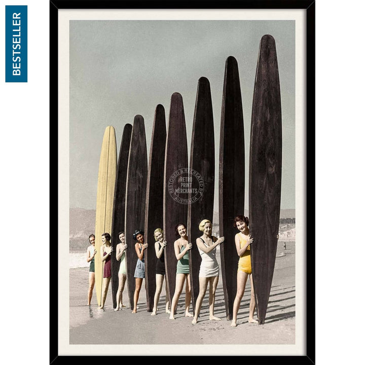 Women Surfing With Longboards In Colour | Australia 422Mm X 295Mm 16.6 11.6 A3 / Black Print Art