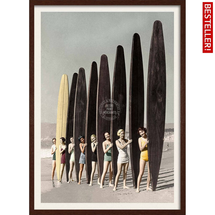 Women Surfing With Longboards In Colour | Australia 422Mm X 295Mm 16.6 11.6 A3 / Dark Oak Print Art