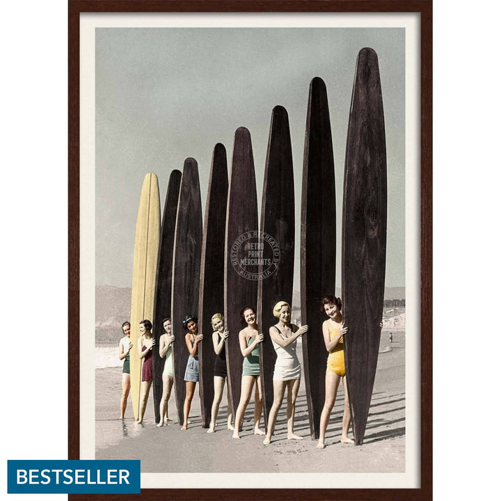 Women Surfing With Longboards In Colour | Australia 422Mm X 295Mm 16.6 11.6 A3 / Dark Oak Print Art