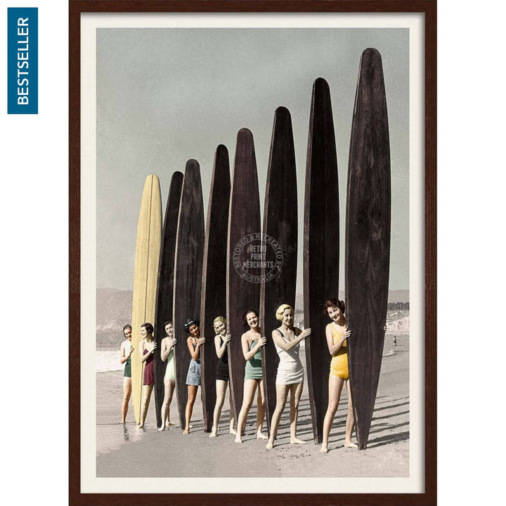 Women Surfing With Longboards In Colour | Australia 422Mm X 295Mm 16.6 11.6 A3 / Dark Oak Print Art