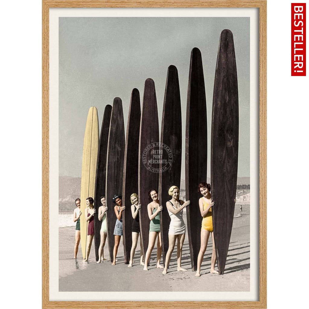 Women Surfing With Longboards In Colour | Australia 422Mm X 295Mm 16.6 11.6 A3 / Natural Oak Print